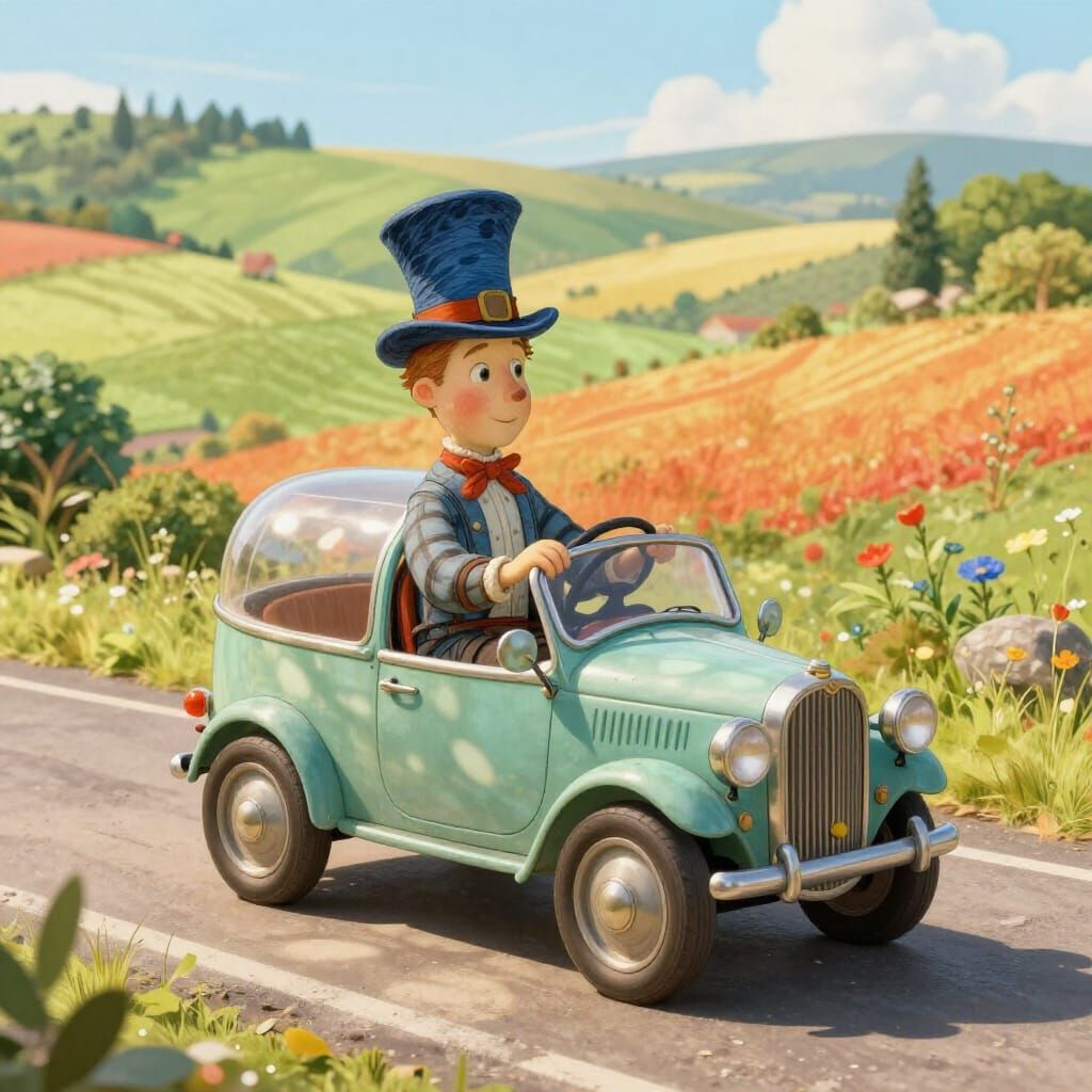 Whimsical Bottle Car in Vibrant Landscape