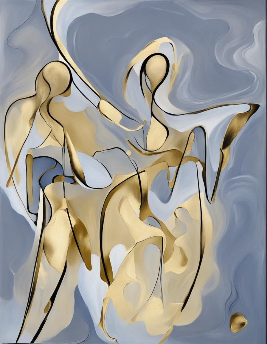 Intertwined Figures in Gold: A Surreal Gouache Painting