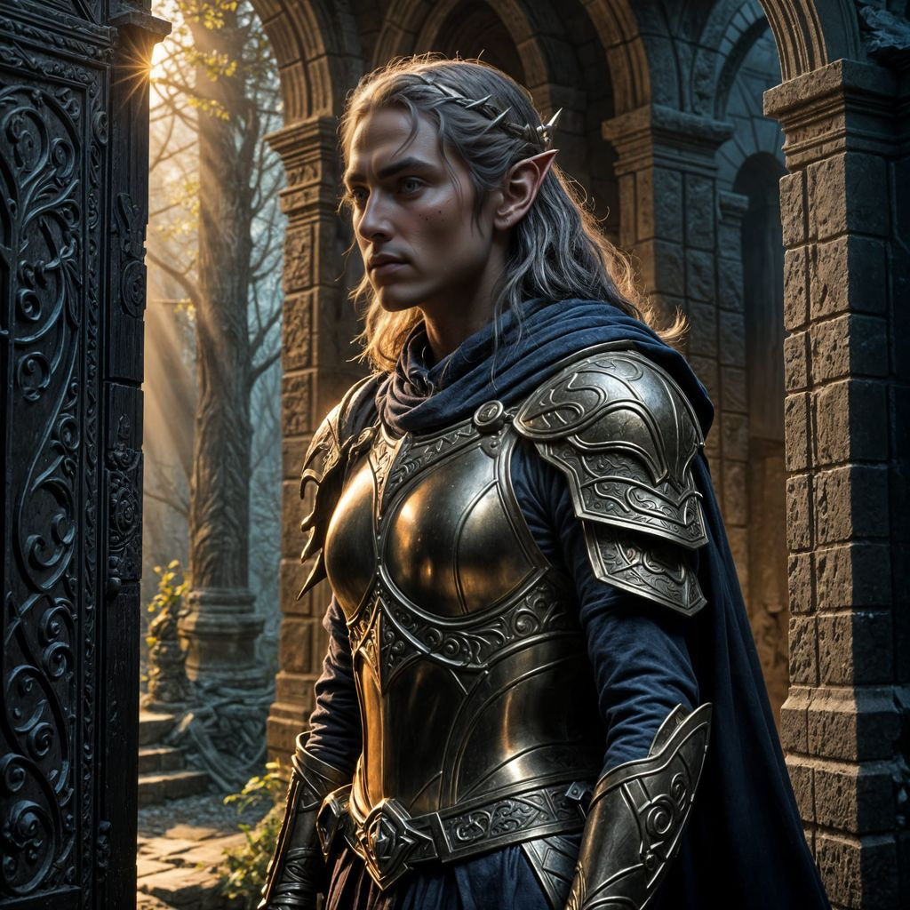 Elven Warrior at Mountain Doorway: Dark Fantasy Concept Art