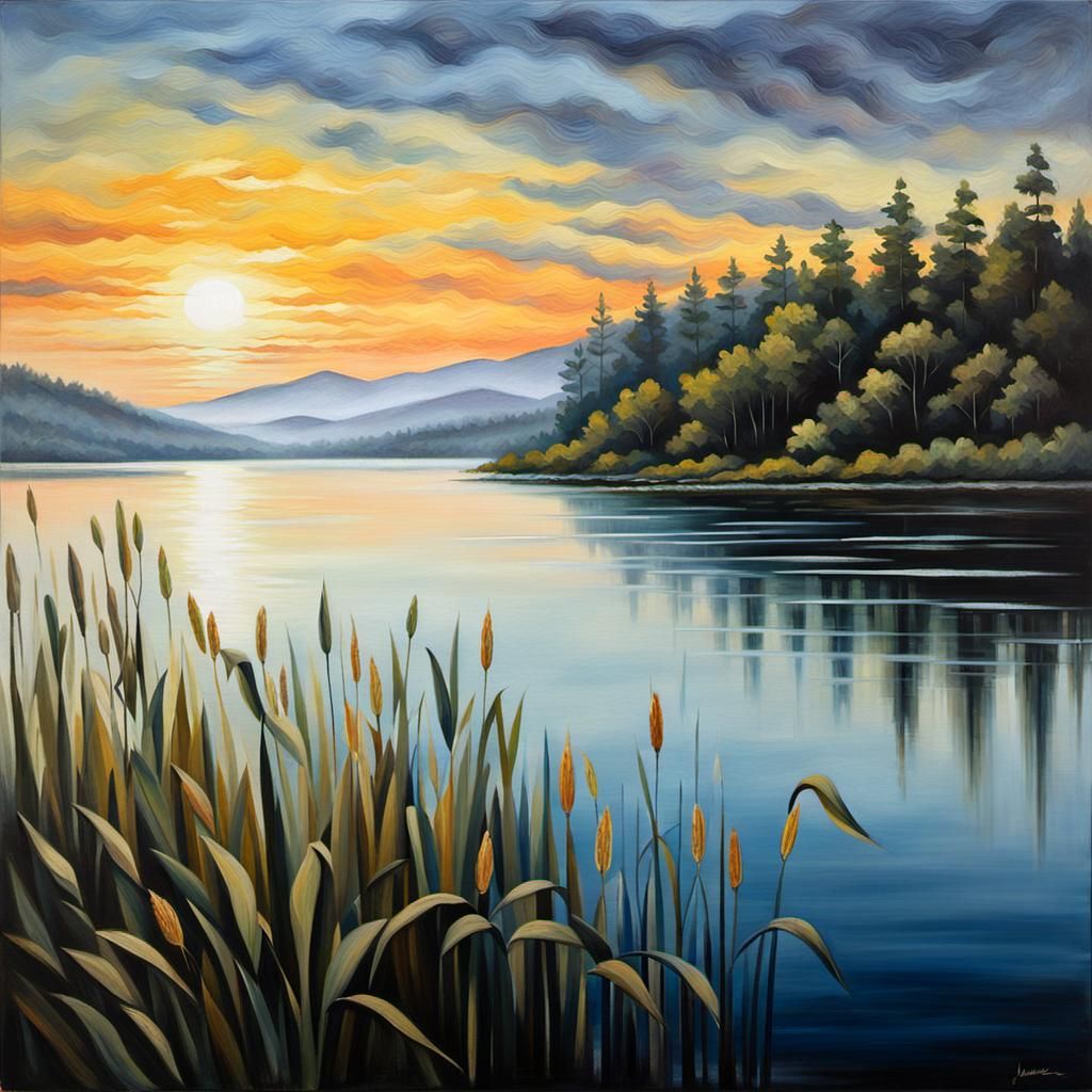 Lake Sunrise Oil Painting with Forested Hills