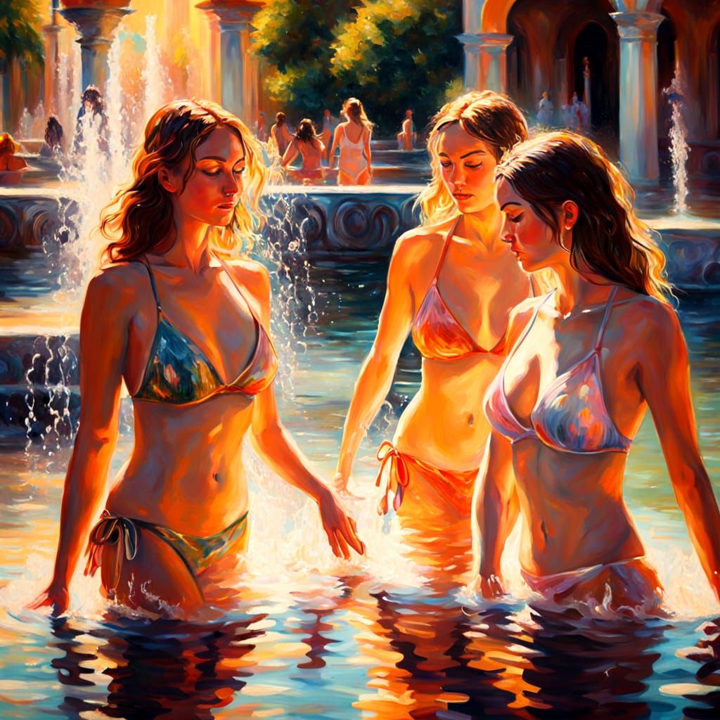 Bikini-Clad Women Bathing in Fountain: Impressionist Oil Pai...