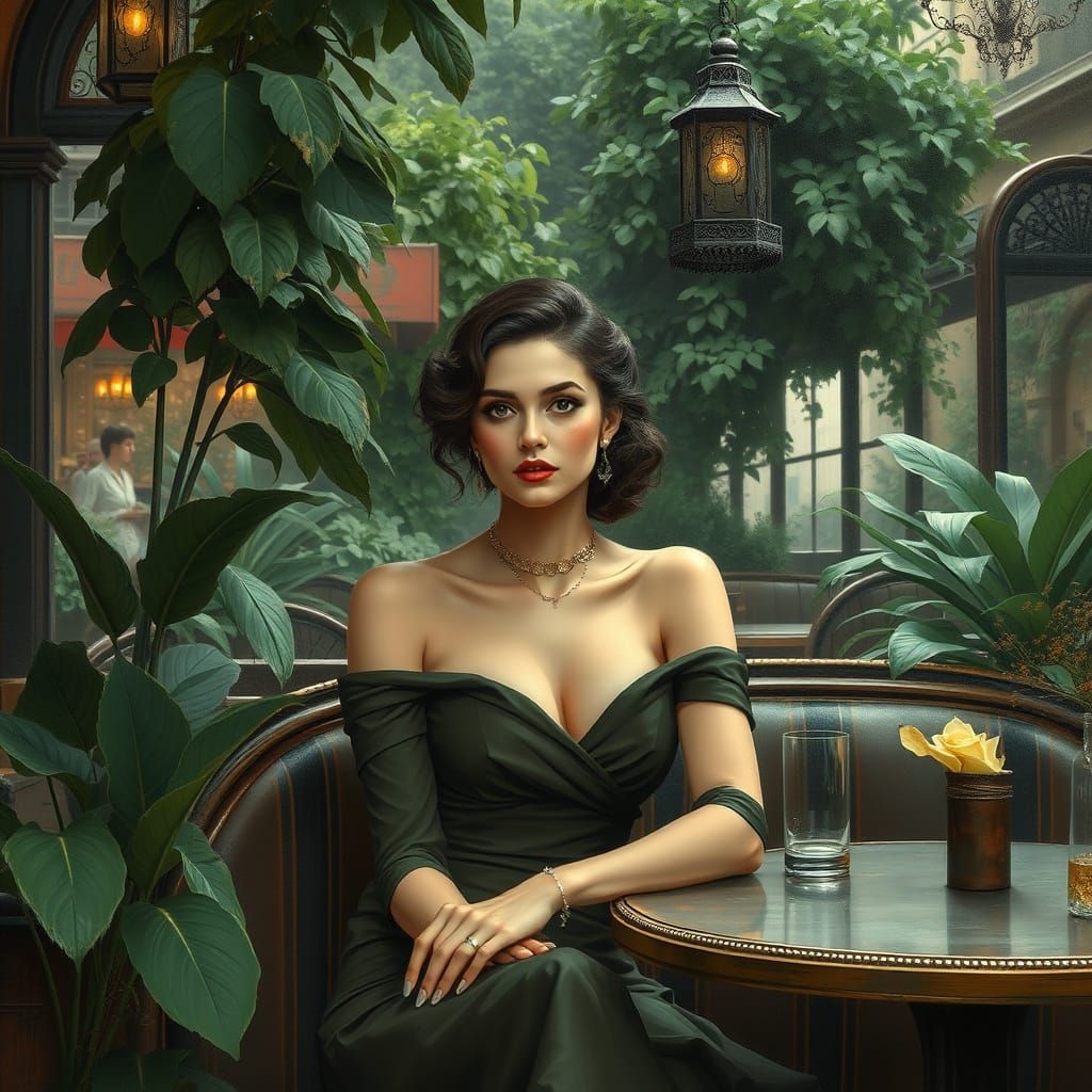 Elegant Woman in Cafe: Expressive Illustration