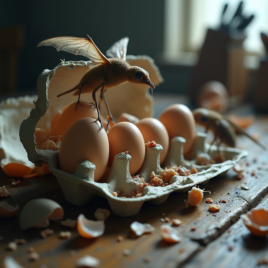 Sinister Scene of Violent Hatching on a Worn Wooden Table
