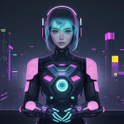Cyberpunk Baby Robot in Neon Cityscape