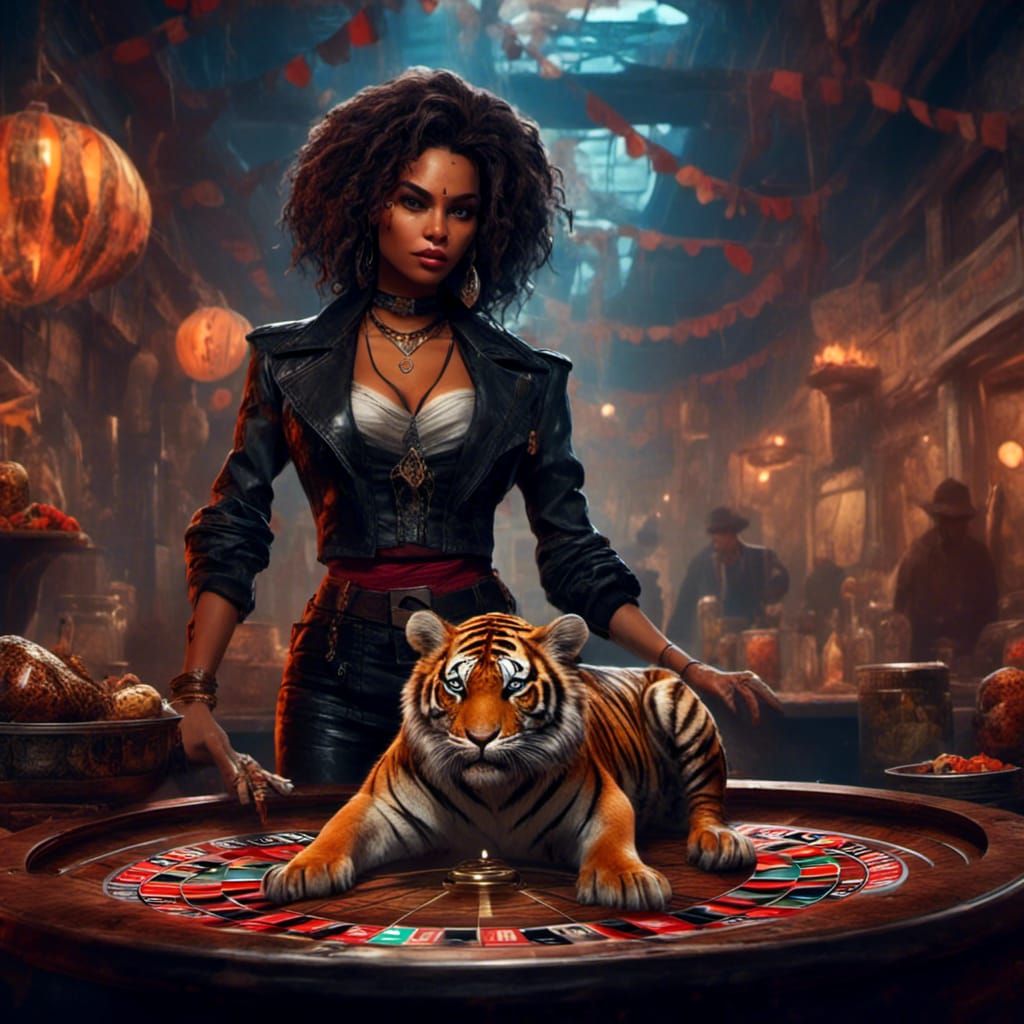 Spooky Latina Roulette Dealer with Baby Tiger
