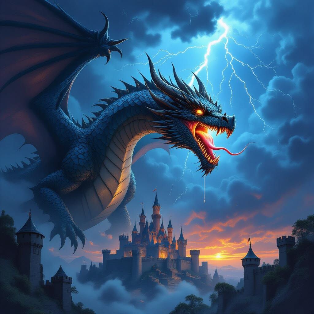 Majestic Multi-Jawed Dragon Soars Over Castle