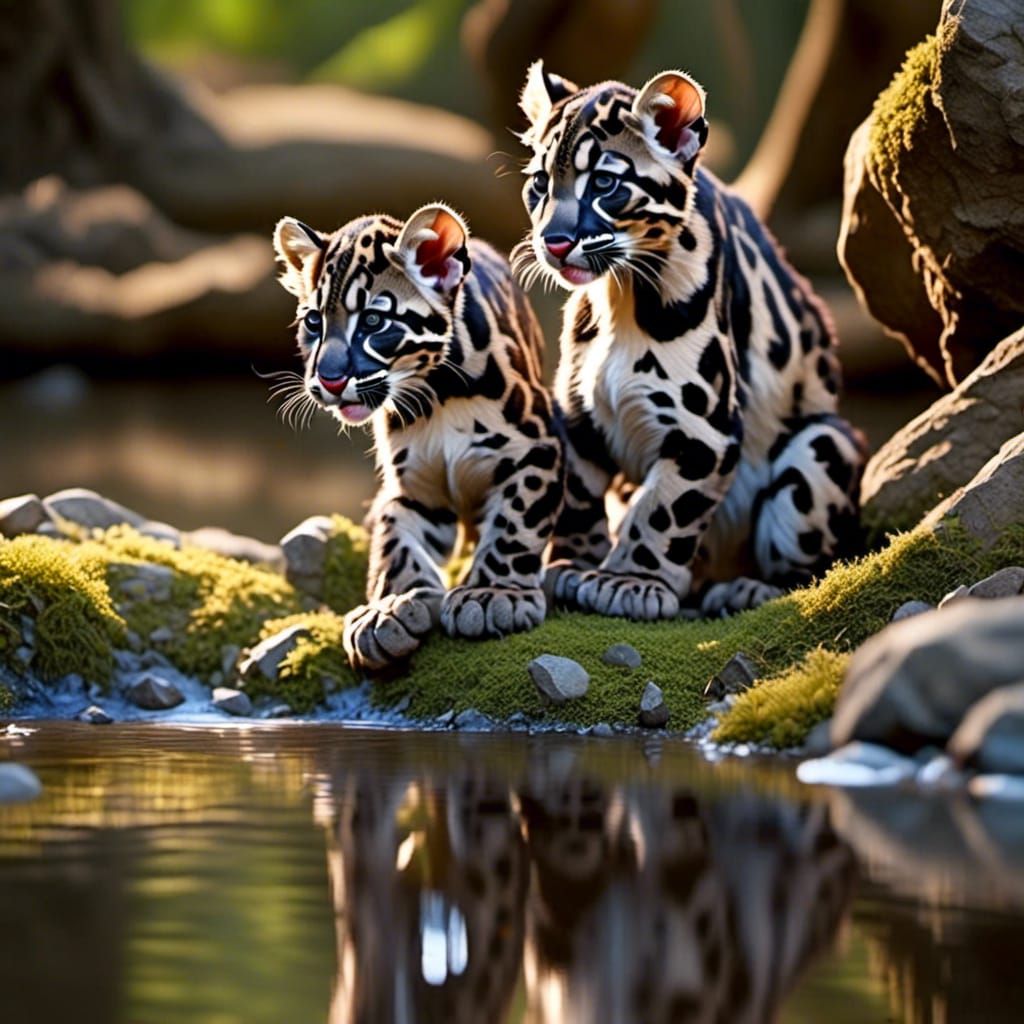 Clouded Leopard Cubs Drinking From Stream
