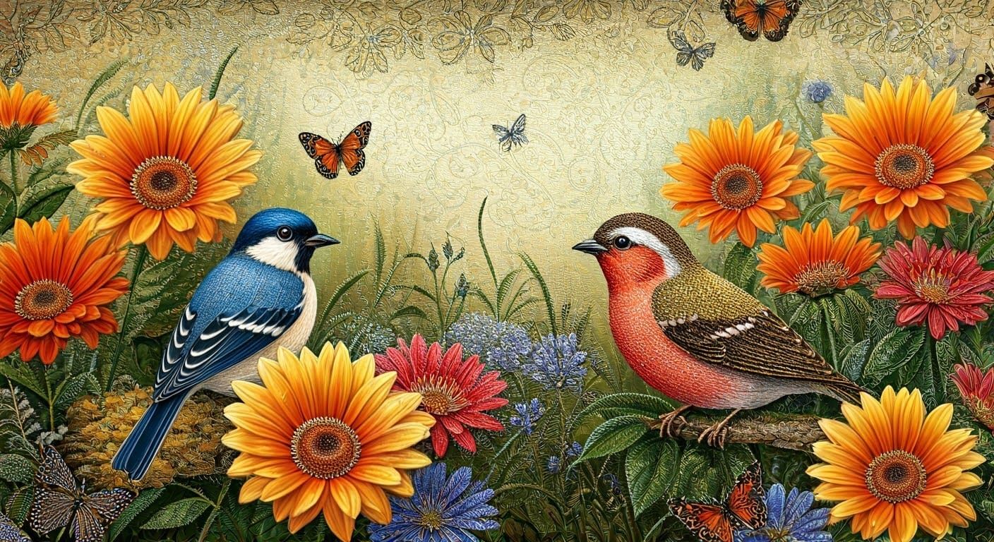 Whimsical Summer Tapestry in Mixed Media Style