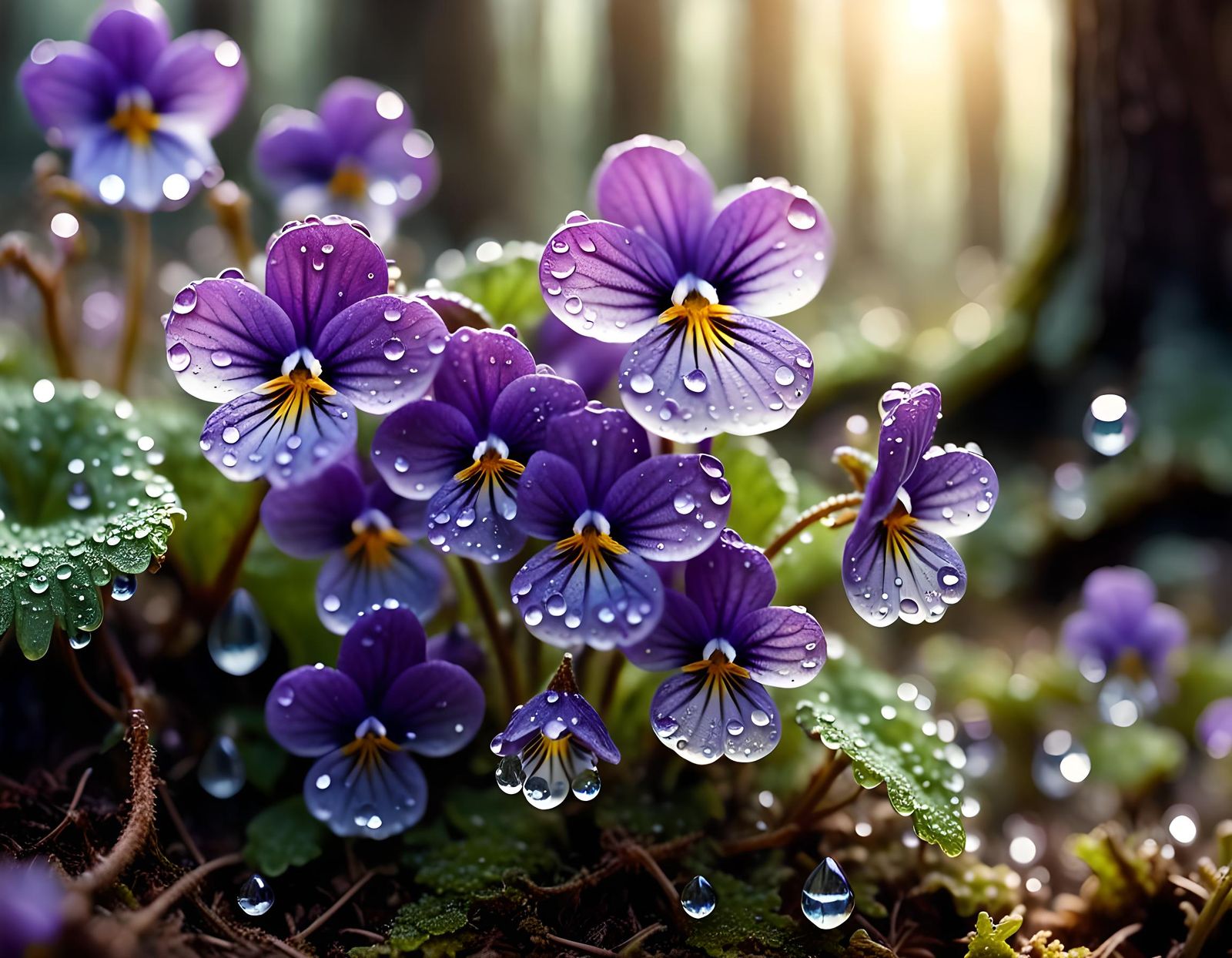 Crystal Dew Drops on Violets in Dawn Light