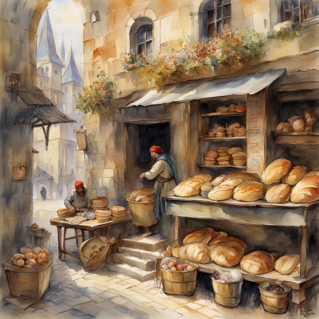 Medieval Bakery with Fresh Bread in Watercolour Style