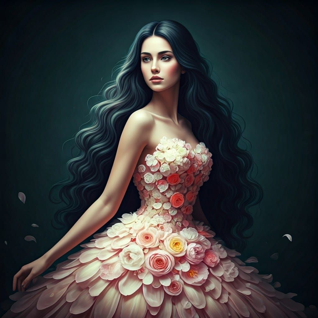 Floral Gown on Woman in Pre-Raphaelite Style