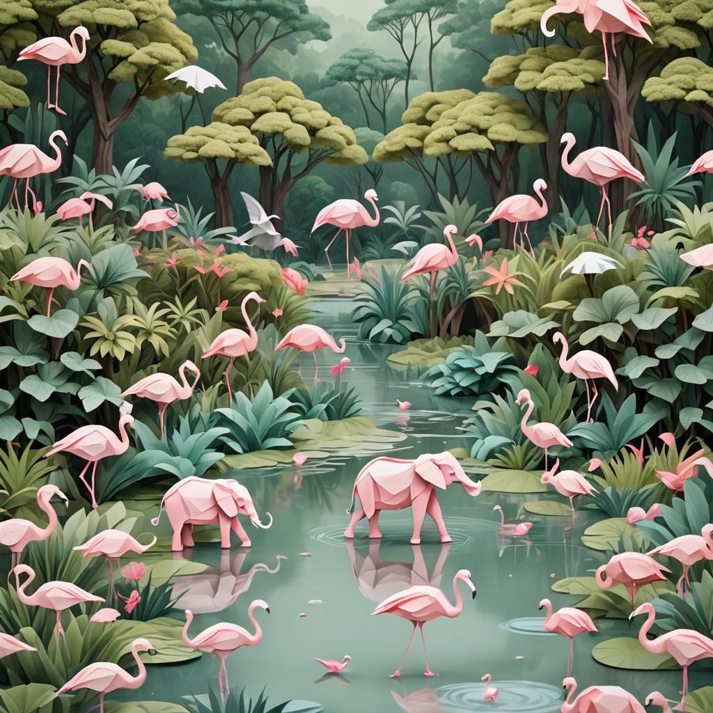 Origami Elephant and Flamingos in Pastel Paper Art