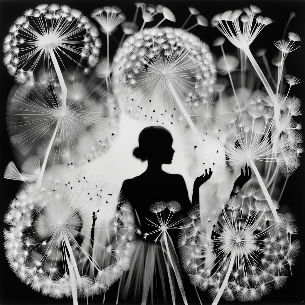 Dandelion Fairies in Black and White Photogram