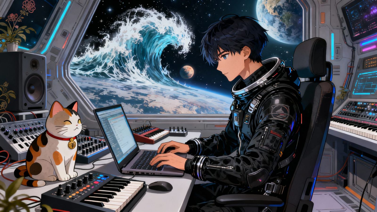Handsome Spaceman in Neo-Punk Suit Typing in Space Station