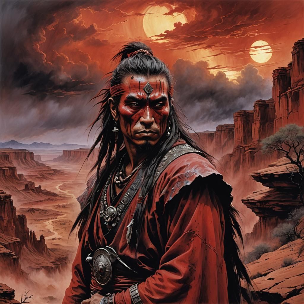 Native Warrior in Red Warpaint, Canyon Landscape