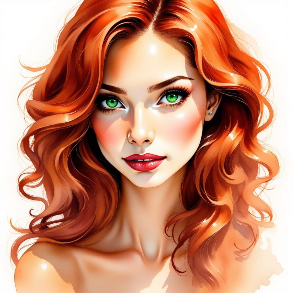 Red-Haired Woman with Emerald Eyes in Watercolor