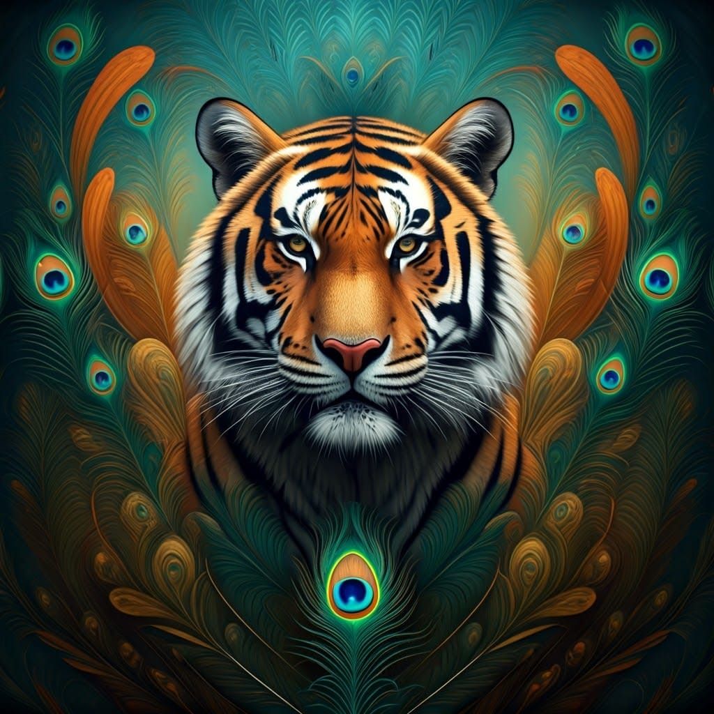 Tigers Adorned with Peacock Feathers in Abstract Style