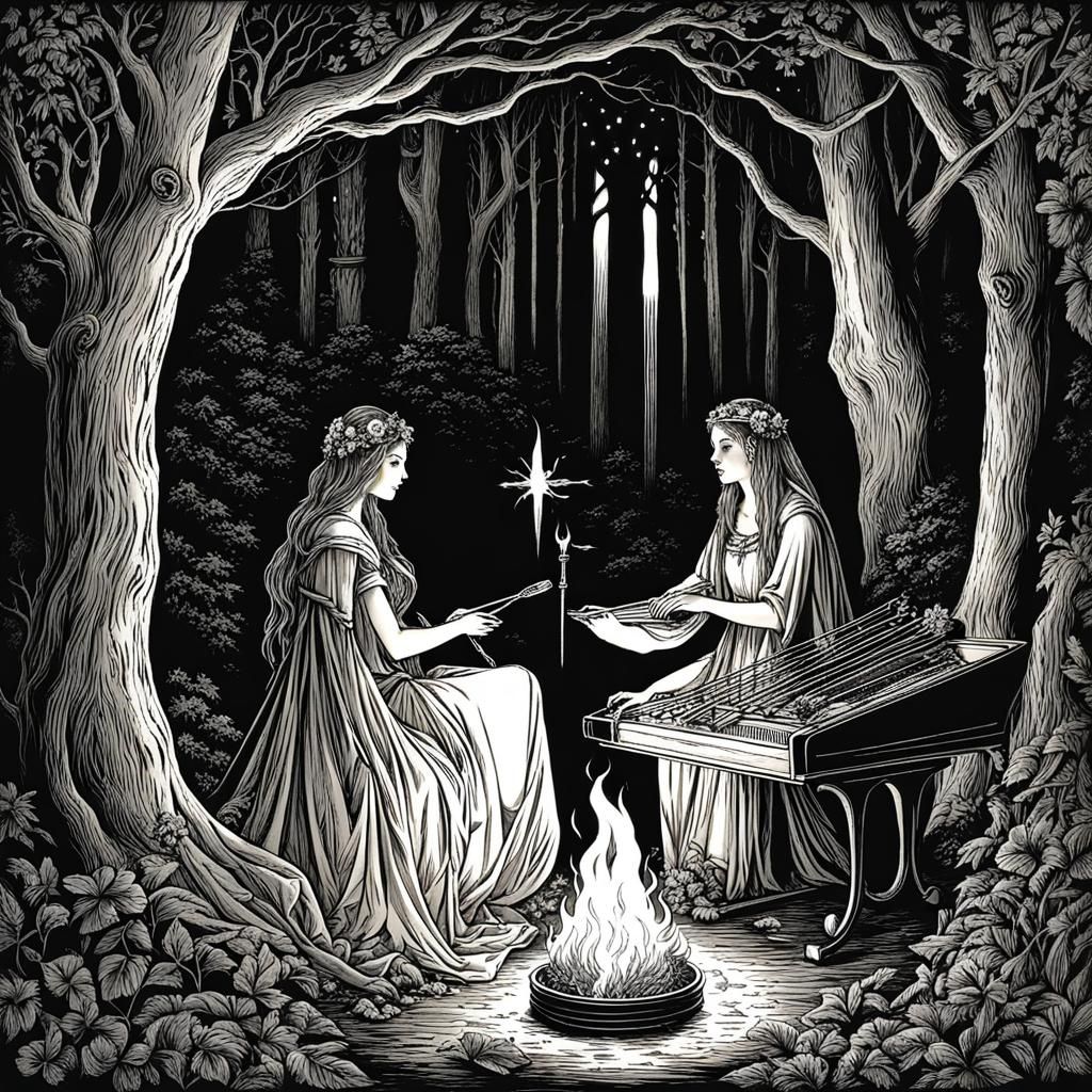 beautiful witches in the forest doing forest magic