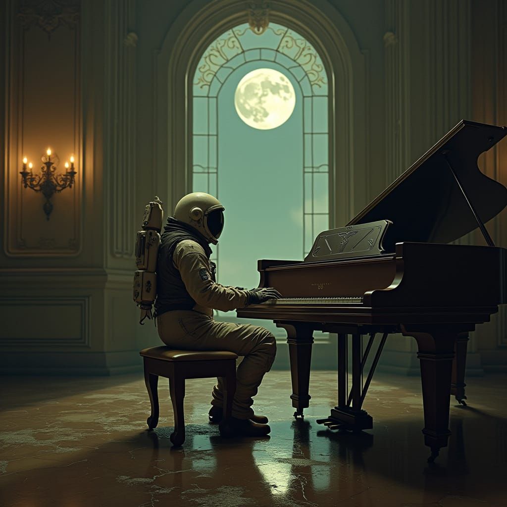 Melancholic Astronaut Plays Piano in Space Hotel