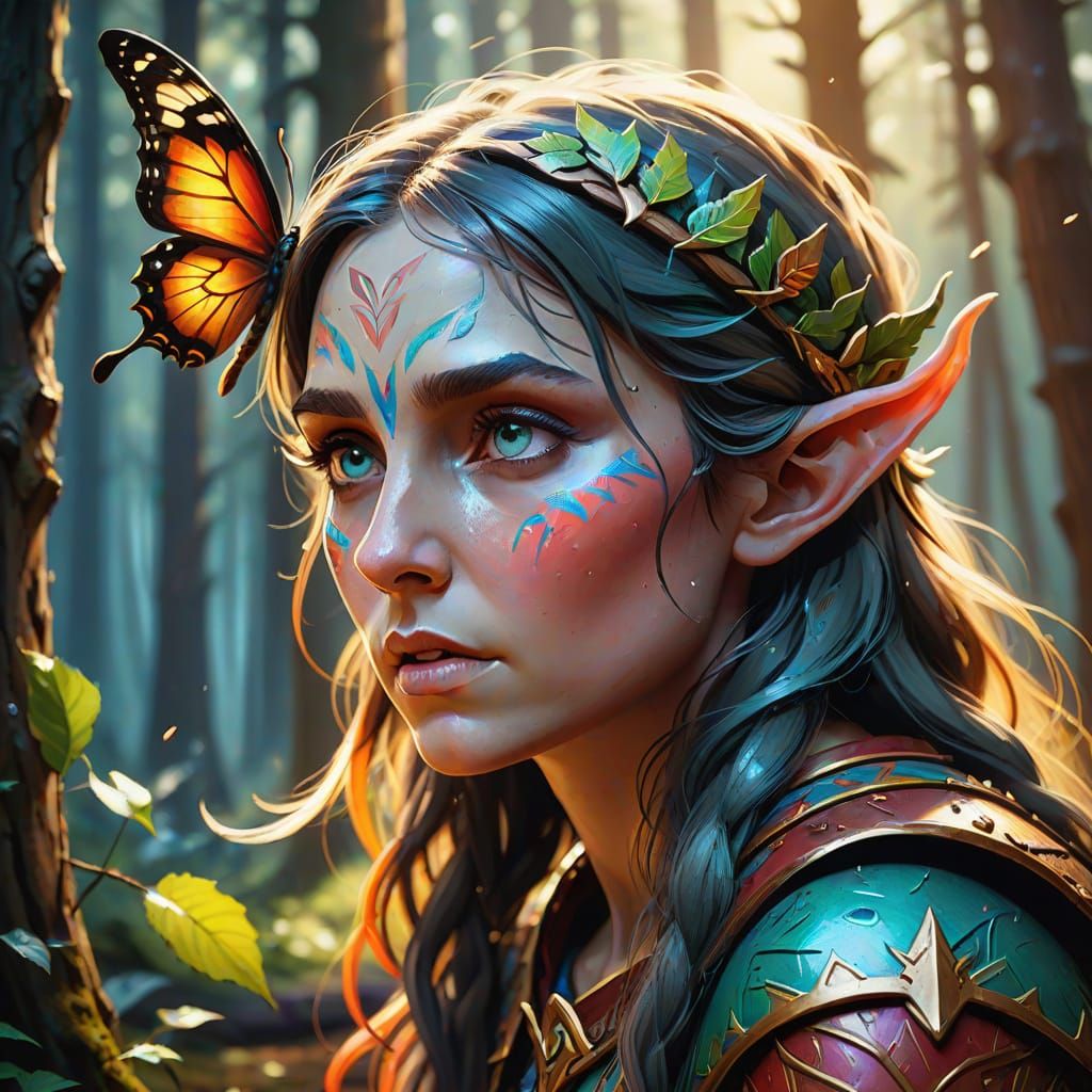 Exhausted Elf Warrior in Sunny Forest Clearing, Oil Painting