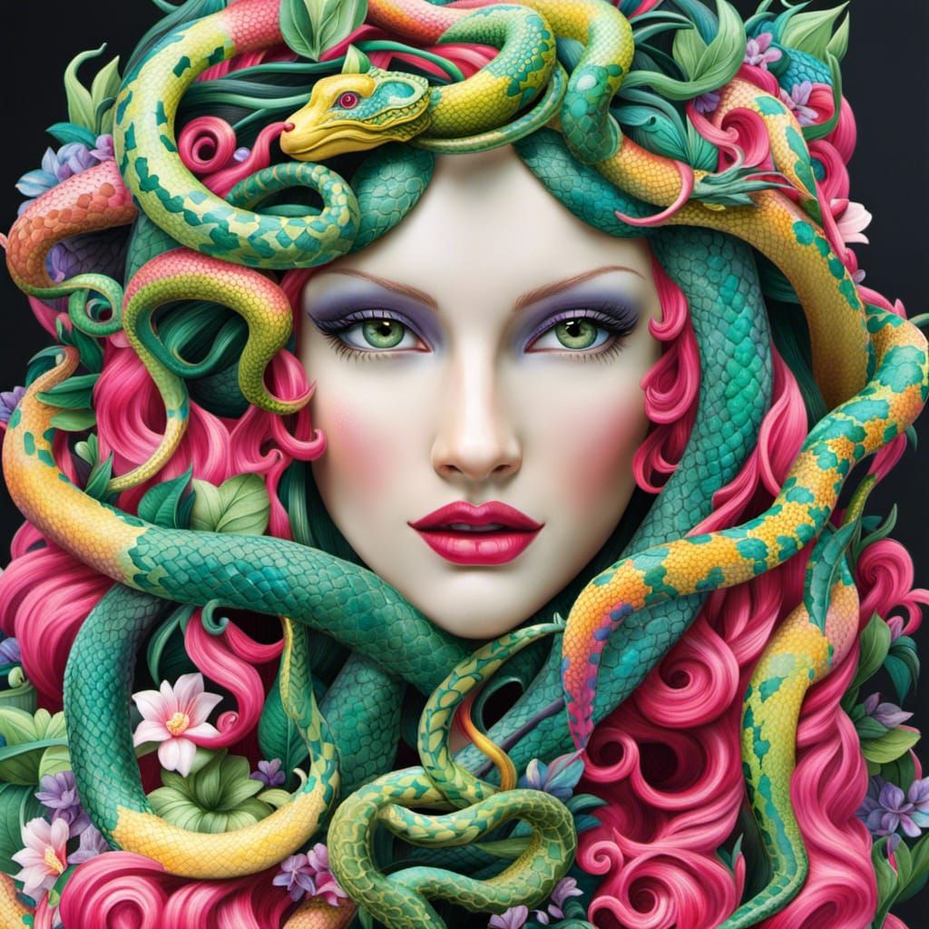 Medusa in Jungle with Stone Warrior Statues