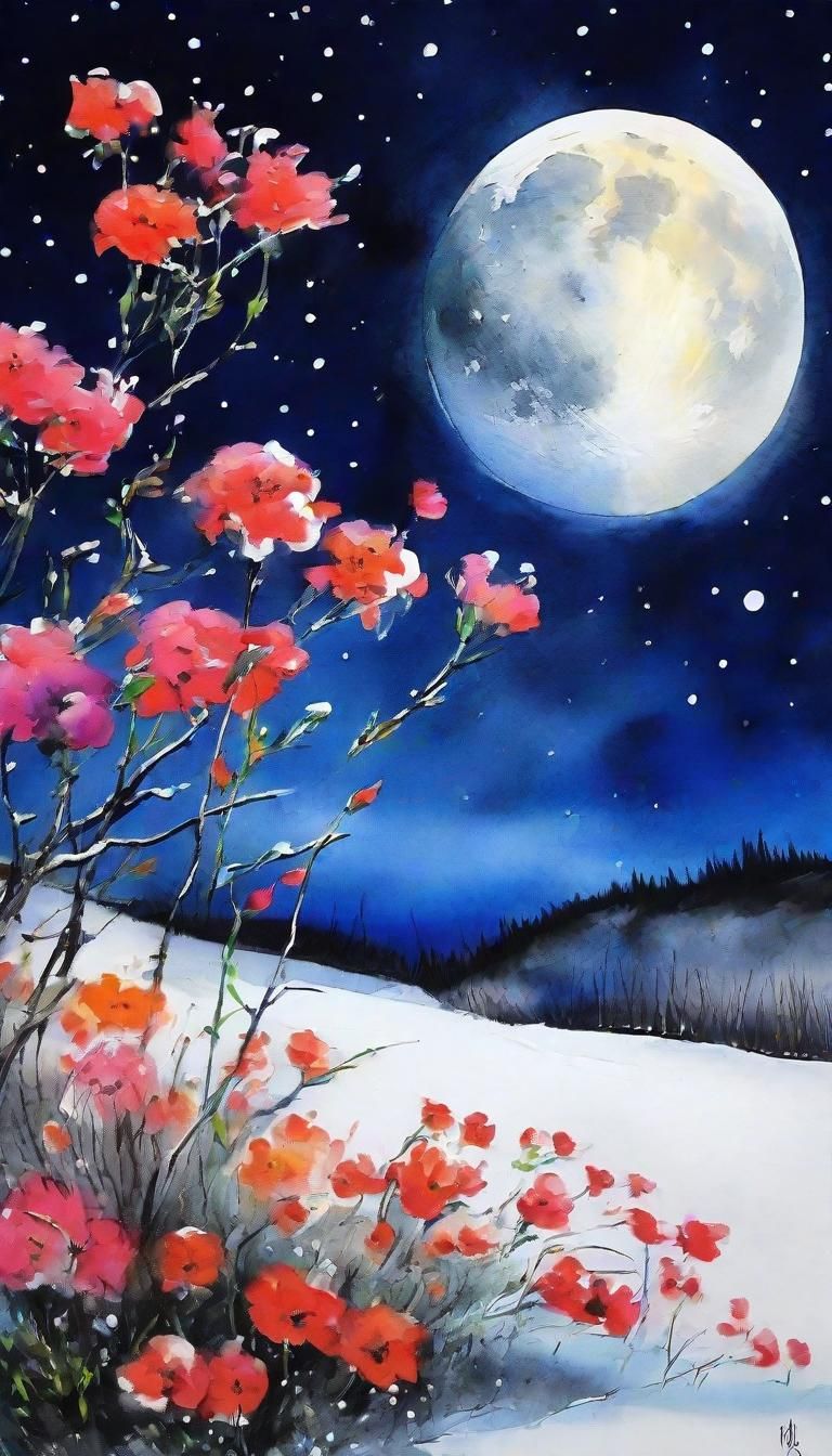 Ink Painting of Wind, Flowers, Snow, and Moon