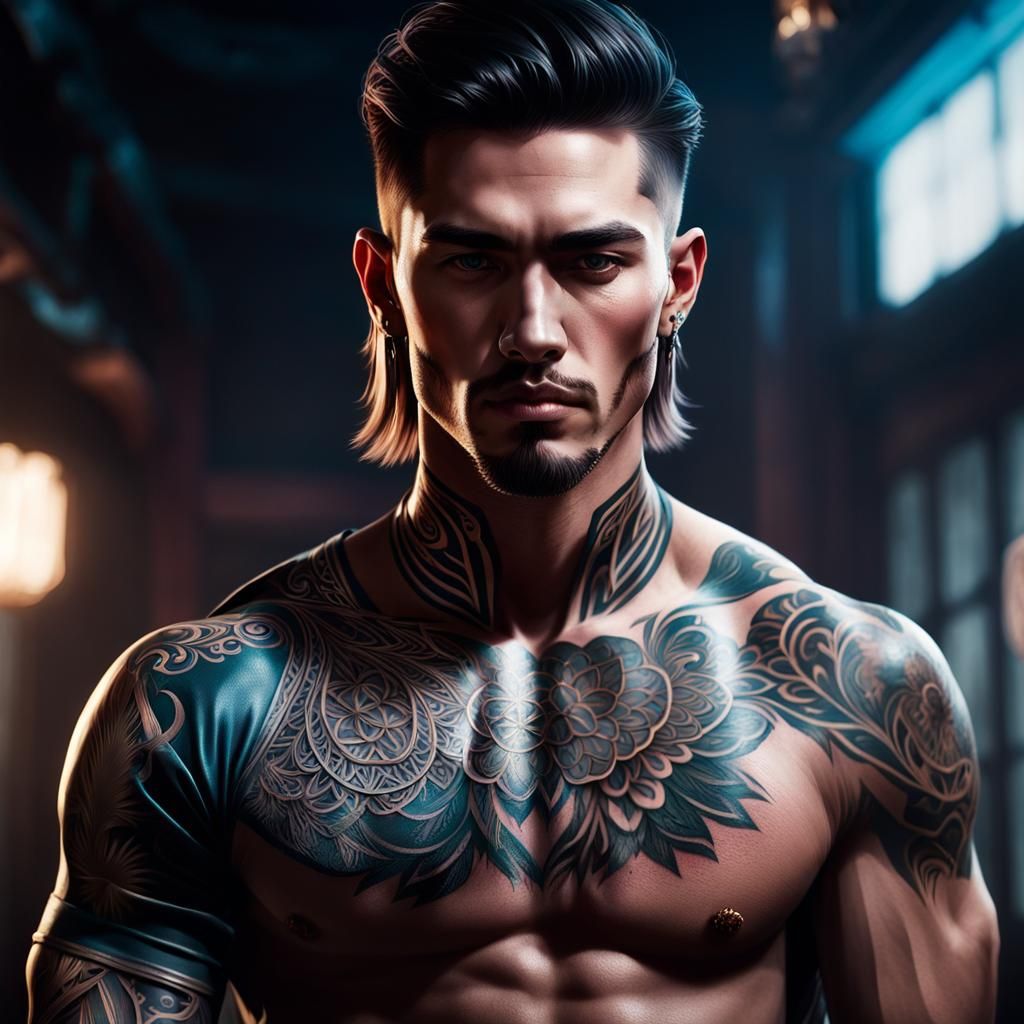Masculine Elf Portrait with Cyberpunk Tattoos
