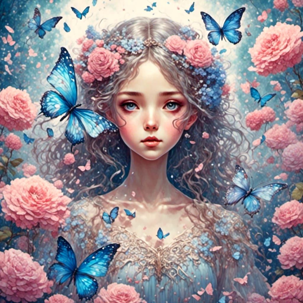 Anime Girl with Butterfly Wings in Ukiyo-e Garden