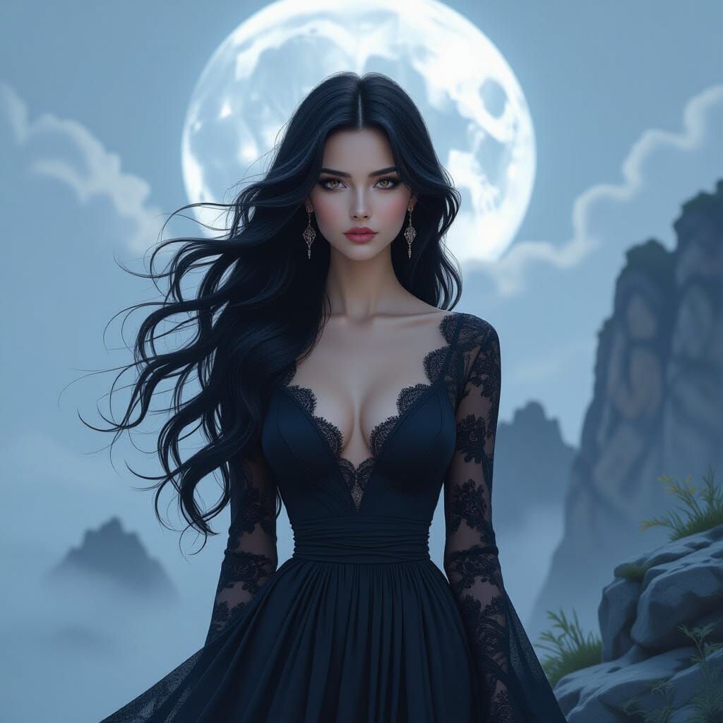 Ethereal Woman on Moonlit Cliff in Digital Painting Style