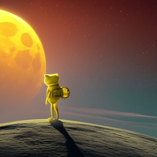 Yellow Cat Walks on Moon in Detailed Digital Art