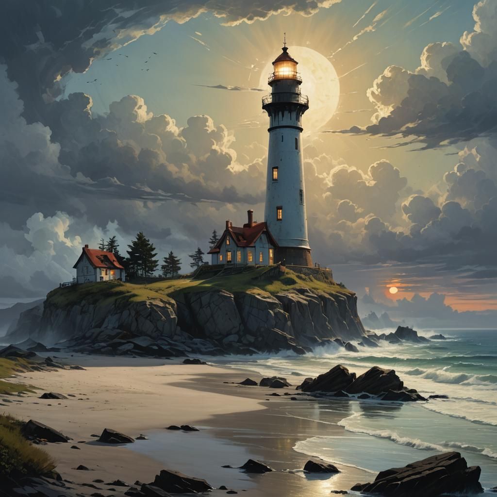 Fantasy Lighthouse on Shoreline, Detailed Matte Painting