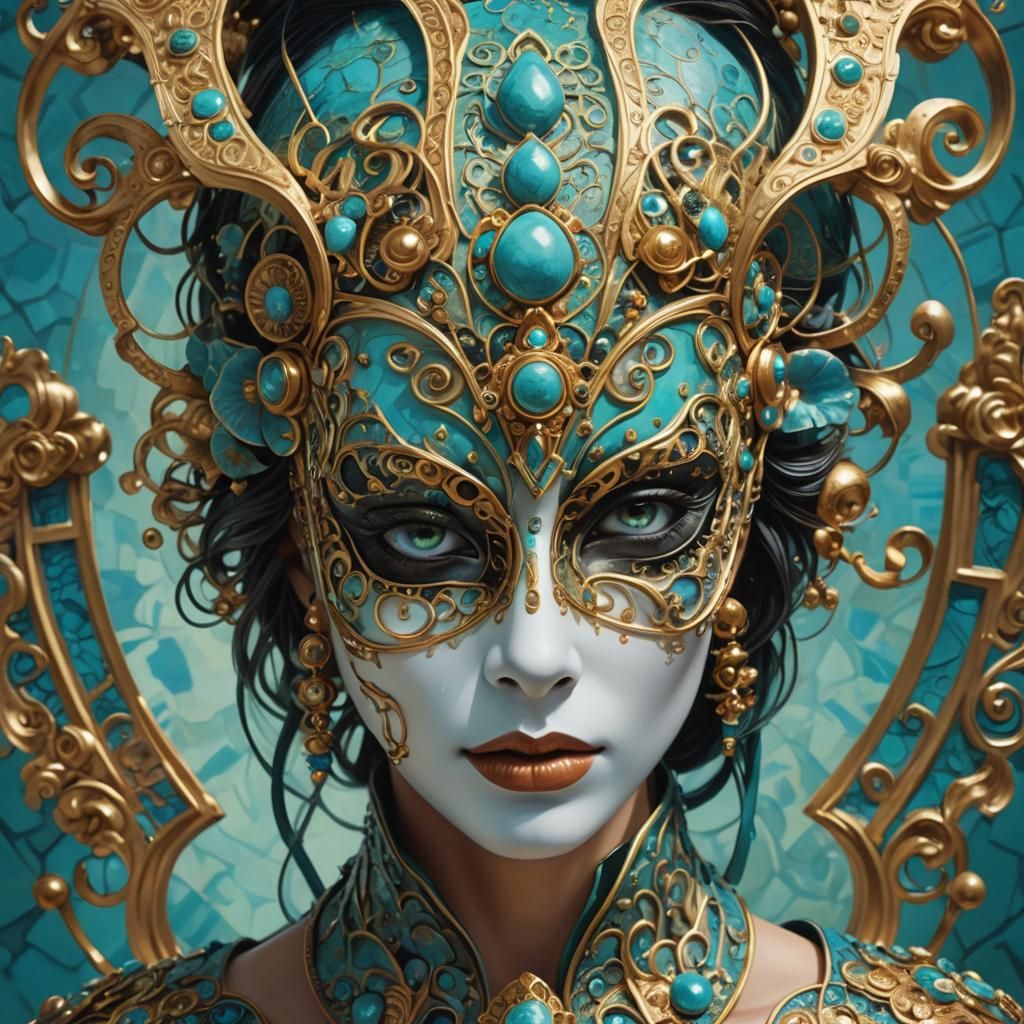 Woman with Elaborate Mask in Cloisonnist Style