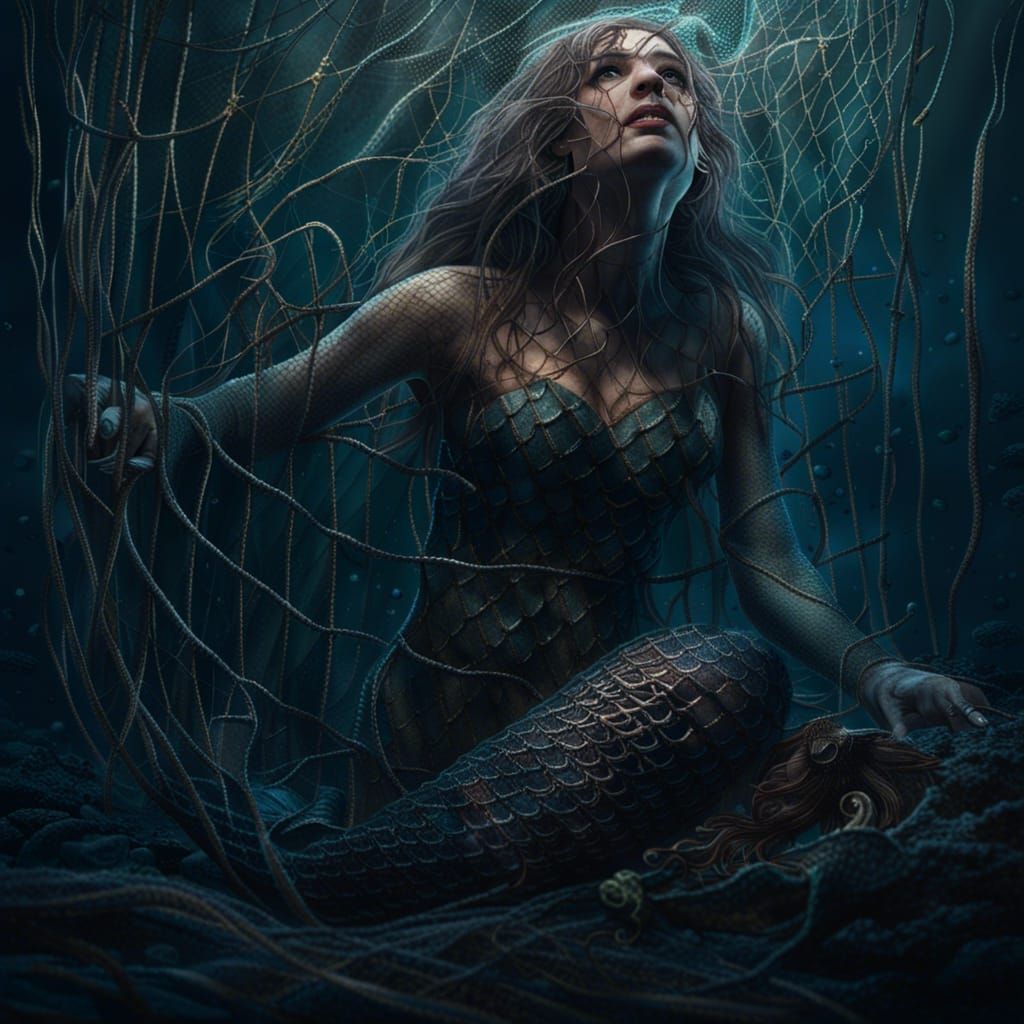 Crying Mermaid Trapped: Dark Fantasy Concept Art