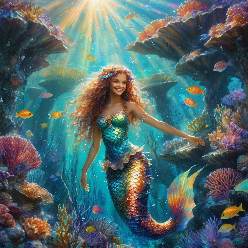 Joyful Mermaid in Coral Reef Beauty, Fantasy Art
