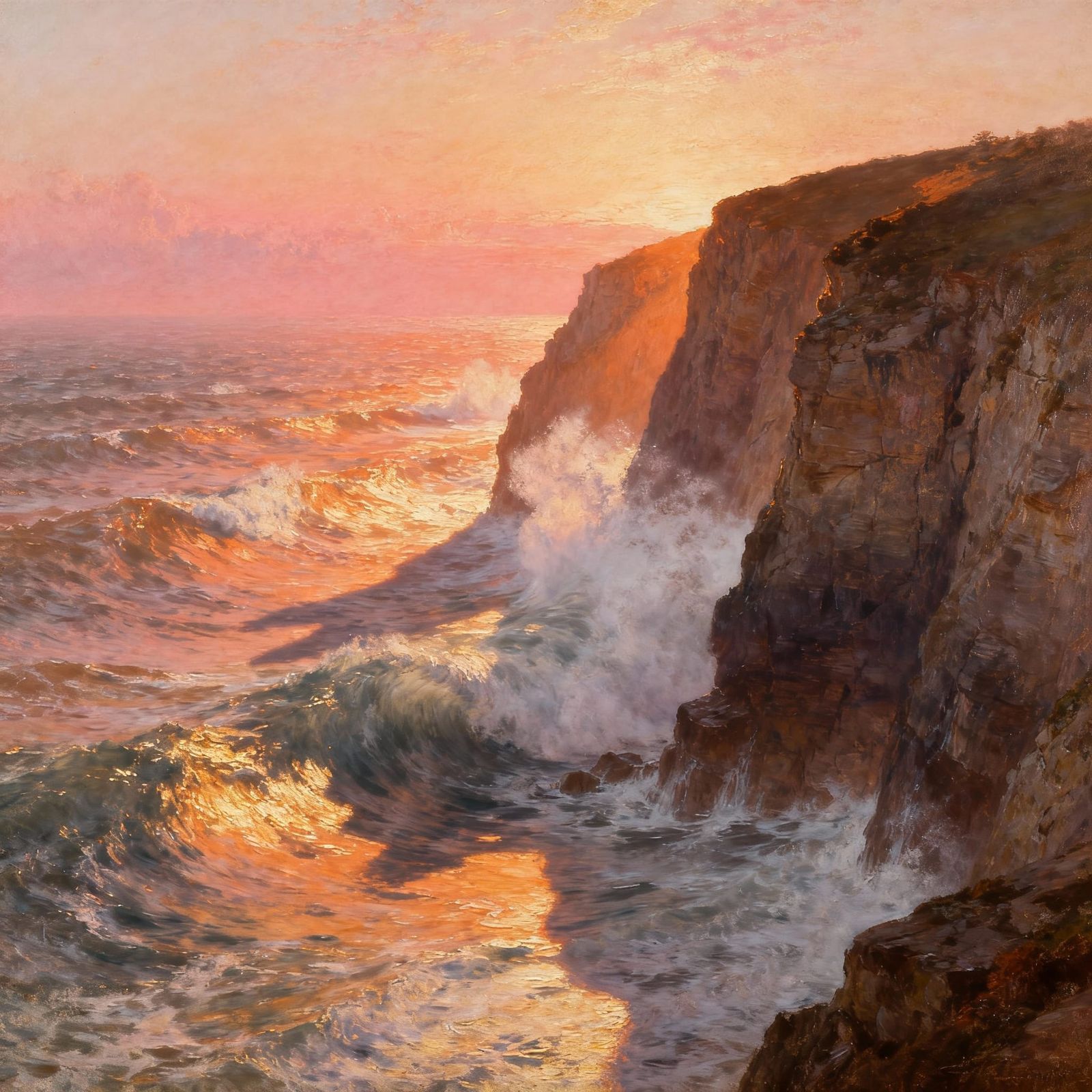 Dramatic Sunrise Ocean Cliffs Oil Painting
