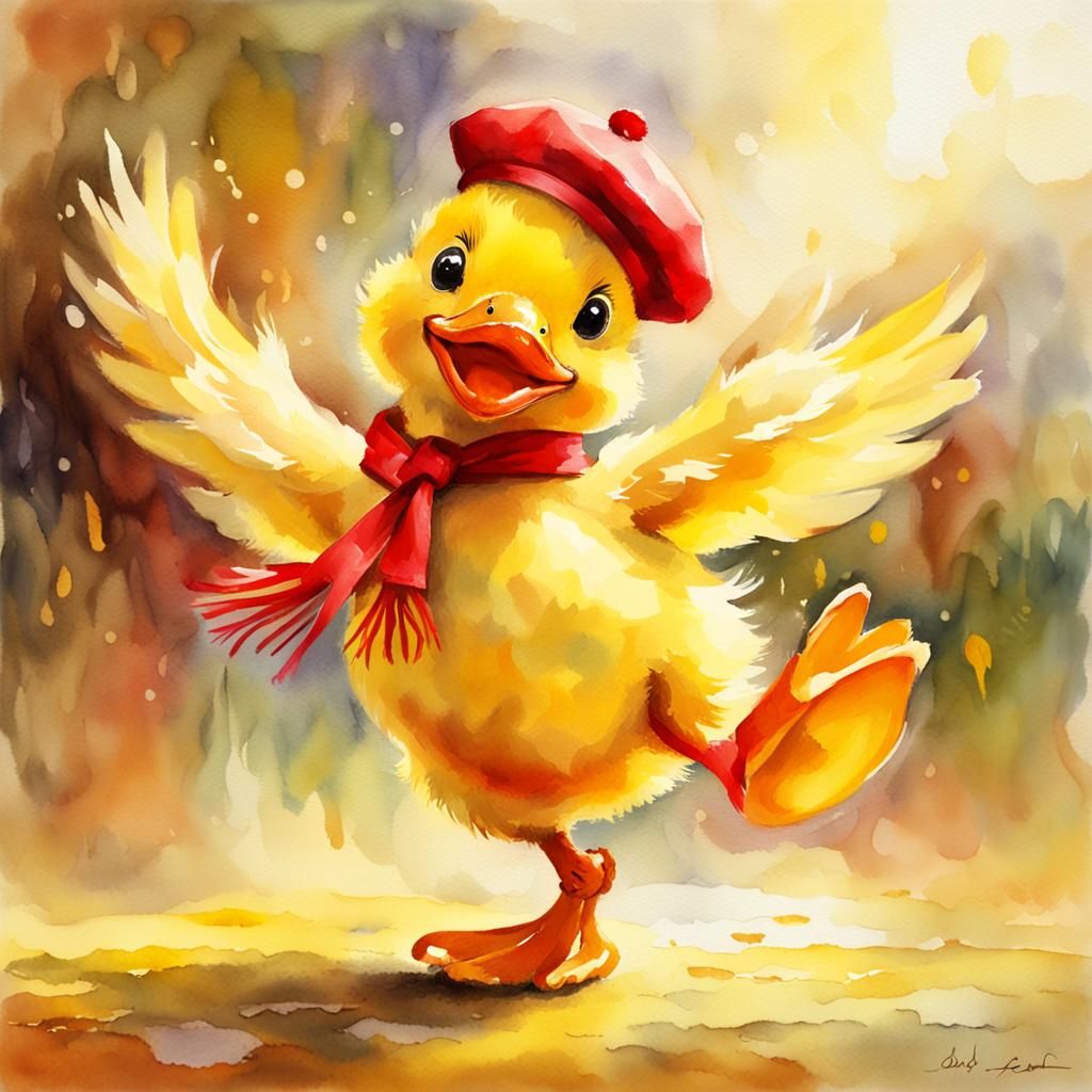 Dancing Duckling in Red Beret: Impressionist Watercolor