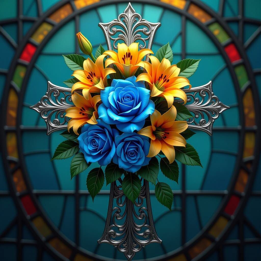 Glass Cross with Floral Design in 3D Photo-Realism