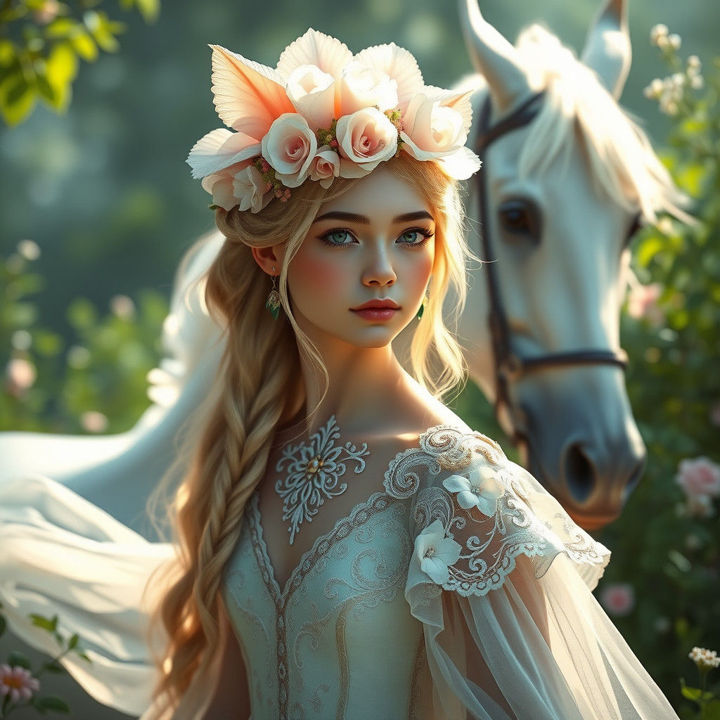 Fantasy Flower Girl with White Horse, Art Nouveau Portrait
