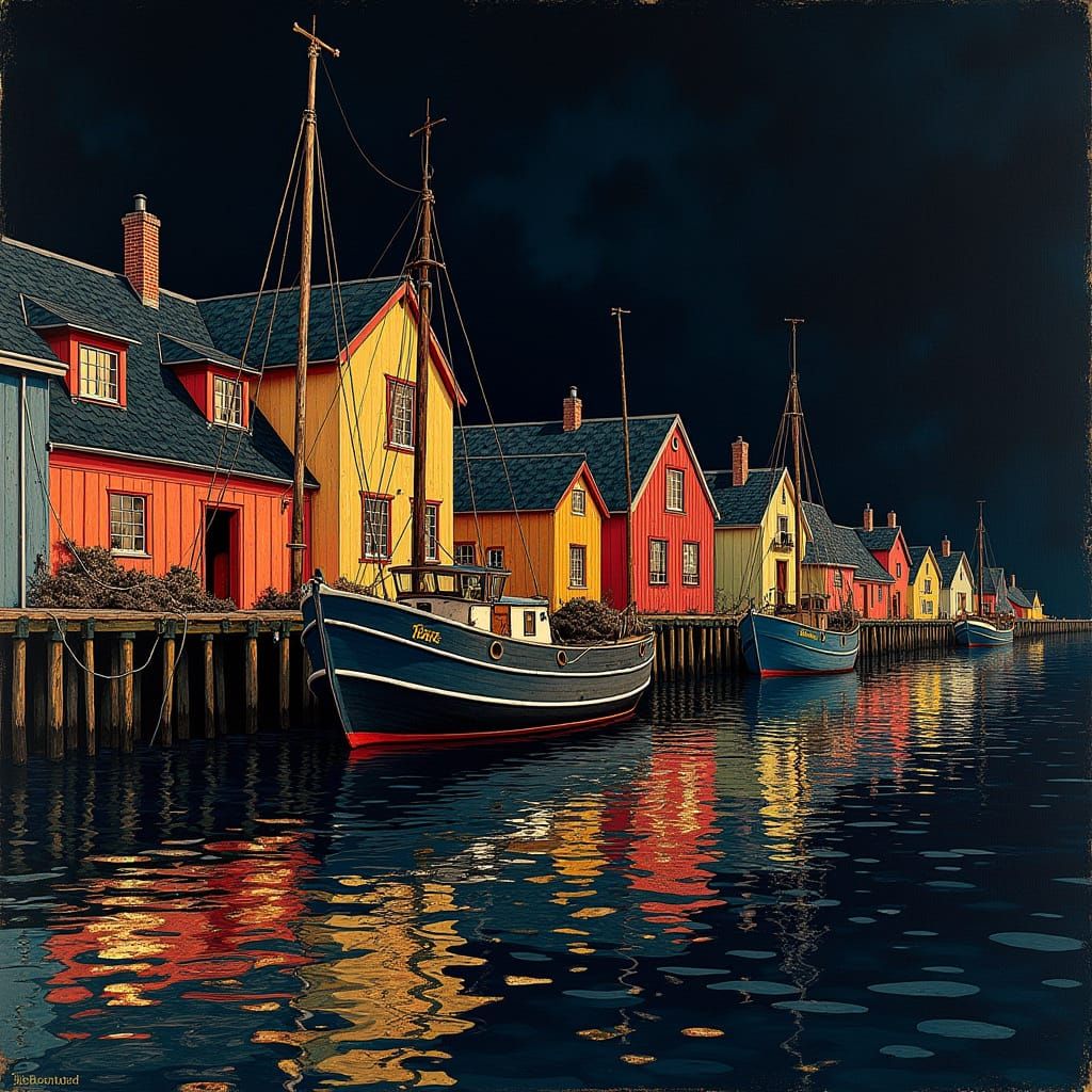 Fishing Village at Dusk in Retro Graphic Design Style