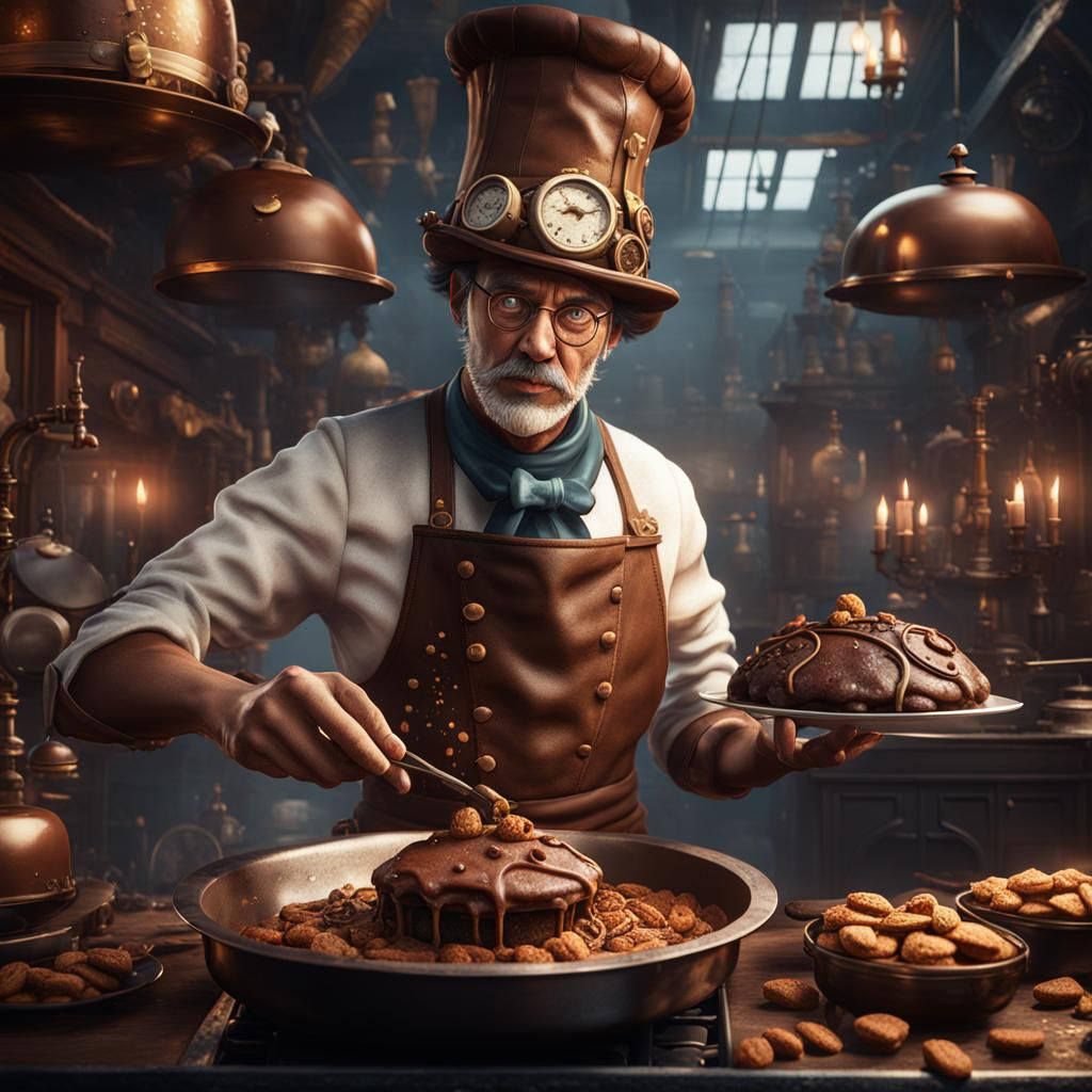 Steampunk Chef with Chocolate Hat, Detailed Digital Art