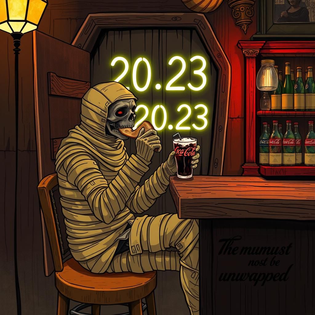 Mummy at Bar Sipping Coca-Cola in Film Noir Style