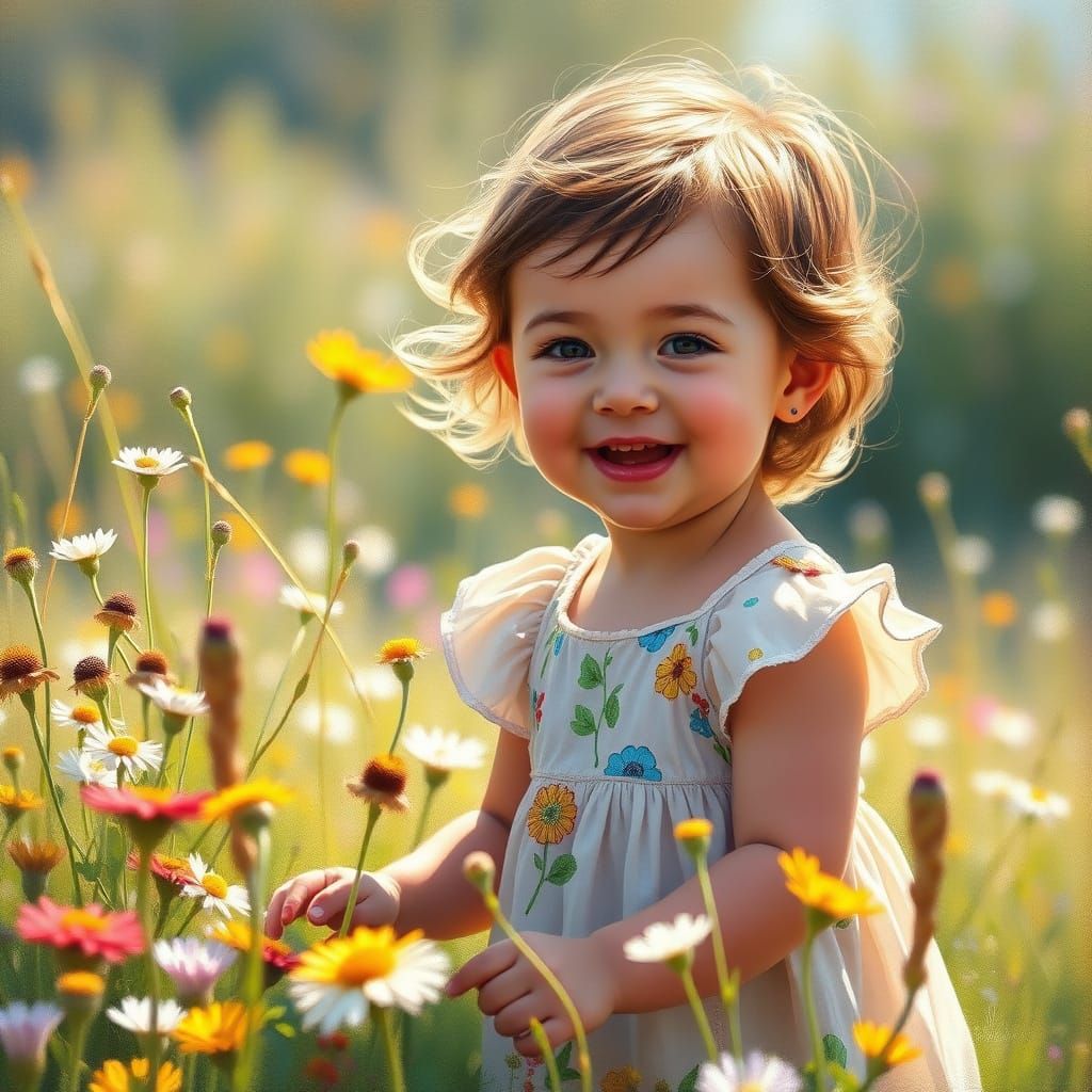 Joyful Child in Sun-Dappled Meadow: Impressionistic Oil Pain...