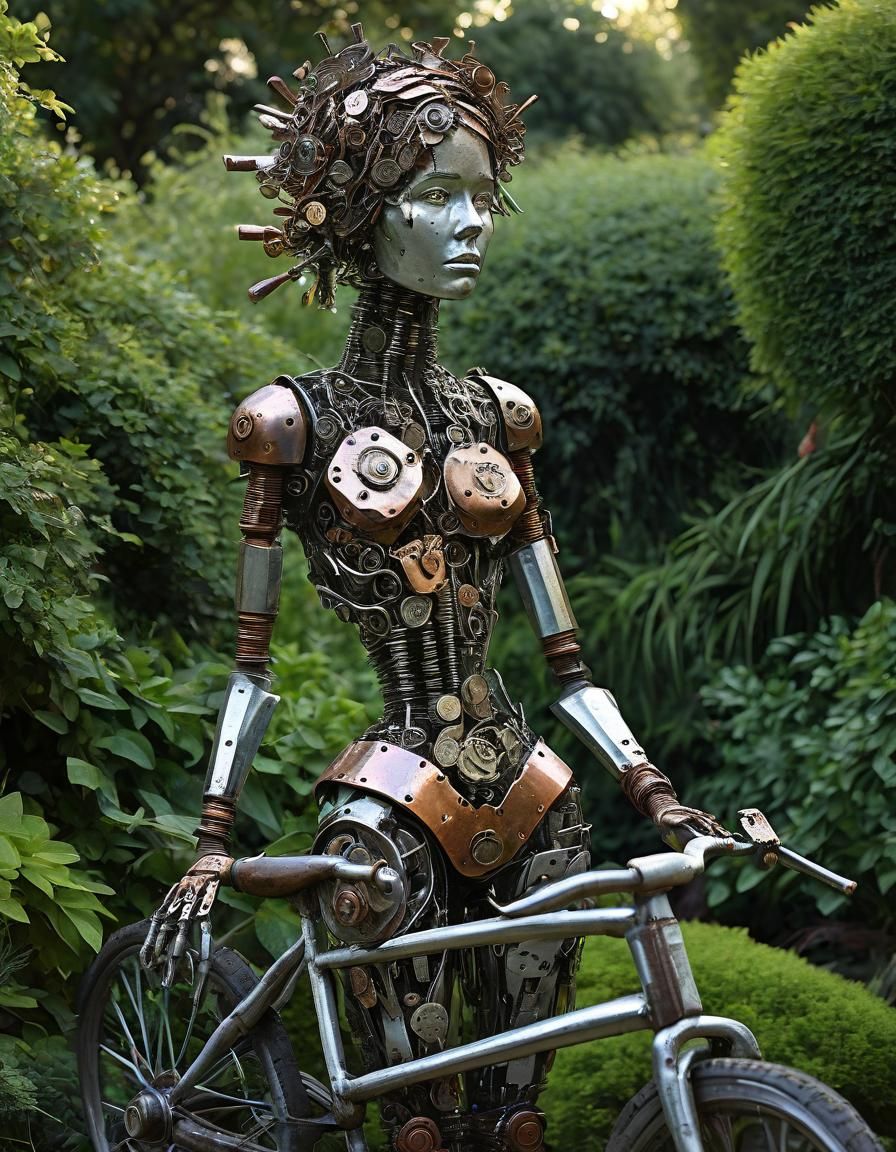Scrap Metal Woman Assemblage Sculpture in Garden