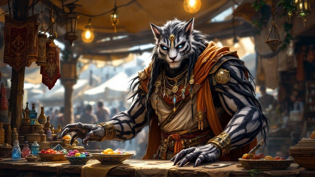 Khajiit Merchant in Elsweyr Market Scene, Epic Fantasy Digit...