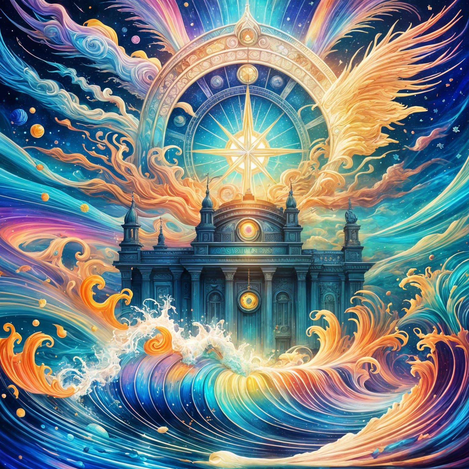 Cosmic Ocean Waves: Holographic Astral Illustration