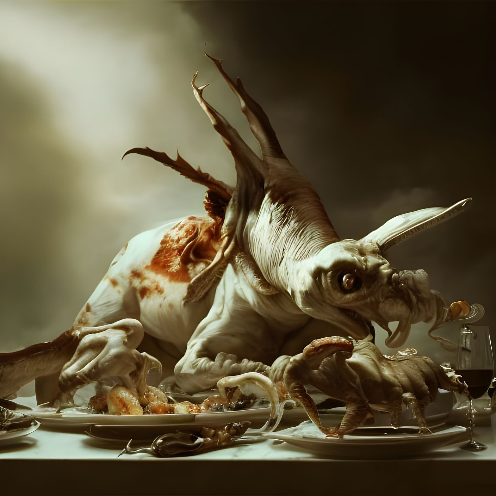 Eldritch Waiter Serving Dinner: Hyperreal Digital Art