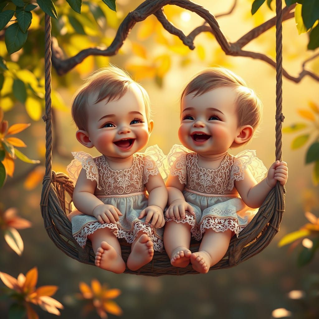 Joyful Twins Swing in a Whimsical Wonderland of Color