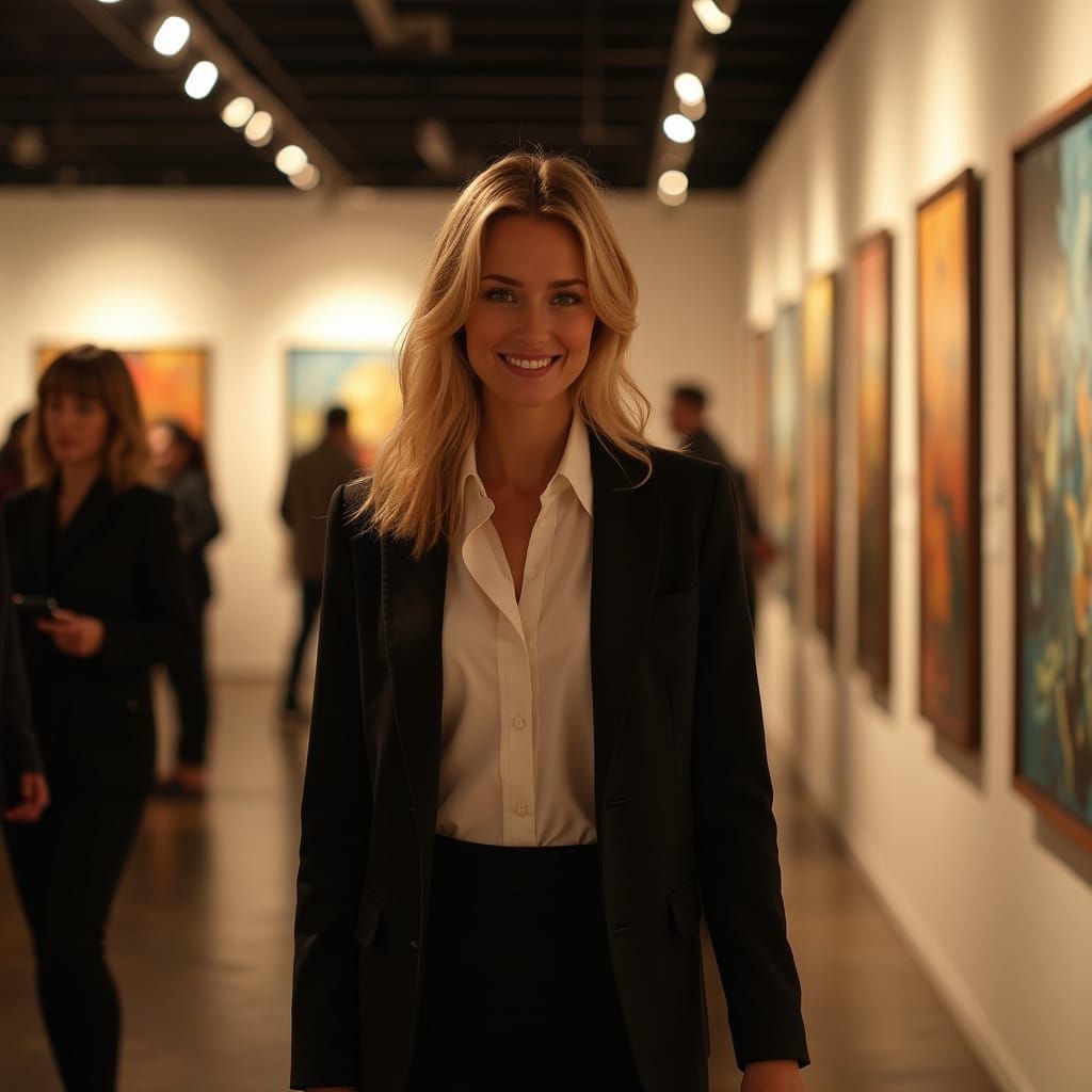 Woman in Blazer Walks Through Art Gallery at Evening