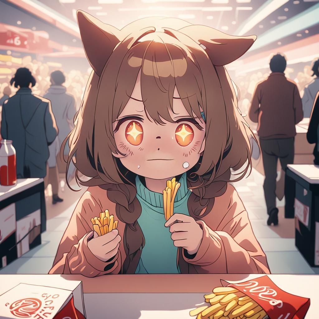 Anime Dog Girl with French Fry in Mall