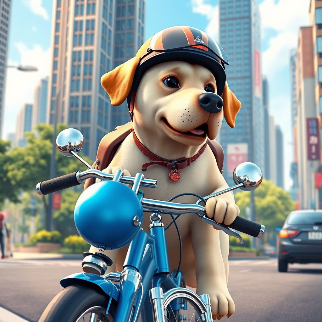 Labrador Dog Rides Bike in Anime Style